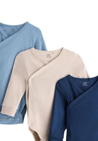 Three long-sleeve bodysuits: light blue, beige, and dark blue. Each features a wrap design with snaps at the bottom and a soft, smooth texture.