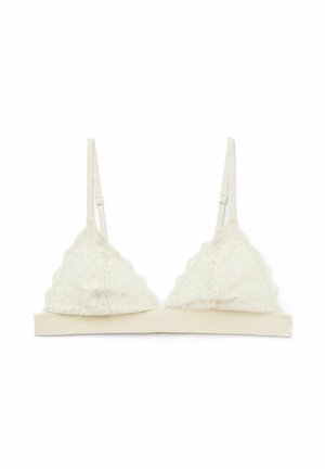Spitzen-Bralette in Hellbeige mit dreieckigen Cups, gezacktem Spitzenrand und weichem elastischem Unterbrustband mit verstellbaren Trägern.