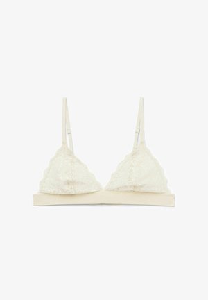 Spitzen-Bralette in Hellbeige mit dreieckigen Cups, gezacktem Spitzenrand und weichem elastischem Unterbrustband mit verstellbaren Trägern.