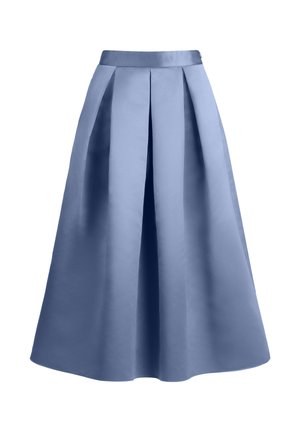 Hoch taillierter, plissierter Midirock aus glänzendem hellblauem Satin mit einer strukturierten A-Linien-Silhouette.