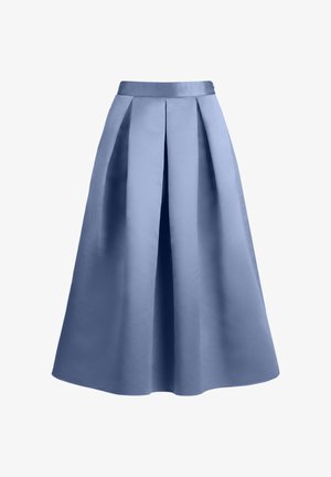 Hoch taillierter, plissierter Midirock aus glänzendem hellblauem Satin mit einer strukturierten A-Linien-Silhouette.