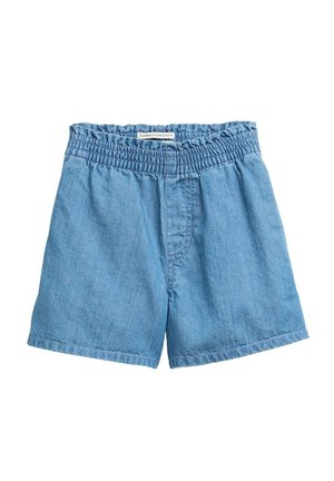 Shorts de denim azul hechos de algodón orgánico, con una cinturilla fruncida, forma casual y una textura suave con costuras mínimas.