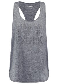 Canotta atletica grigia senza maniche, con scollatura a girocollo, design a racerback e logo perforato "IVY PARK" sulla parte anteriore.