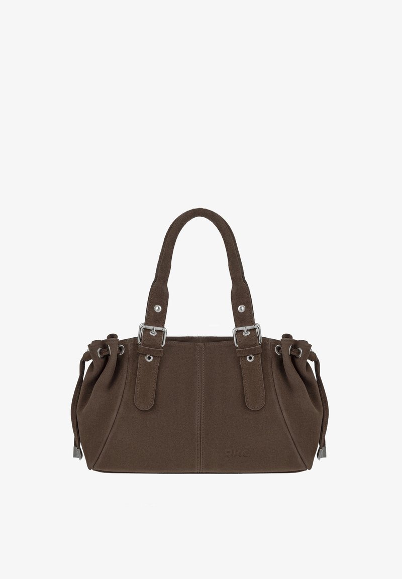 Sac à main en daim marron avec doubles poignées, détails de boucles argentées et côtés froncés, conçu pour un usage et un style quotidiens.