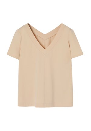 Krátký rukáv top v jemné béžové tkanině, se širokým V- výstřihem, rovný střih a čisté švy po okrajích.
