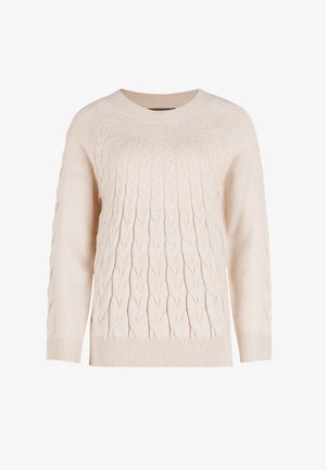Világos bézs színű, fonott kötésű pulóver kerek nyakkivágással és bordás mandzsettákkal, valamint szegéllyel. A testén texturált mintázatok találhatók a részletgazdagság érdekében.