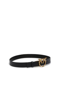 Ceinture en cuir noir dotée d'une boucle circulaire en or avec deux accents d'oiseau. L'intérieur présente un motif embossé subtil.
