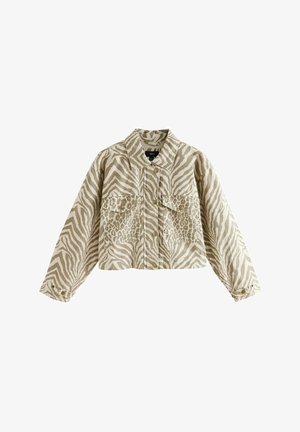 Cropped jacket in beige fabric featuring zebra and leopard patterns, with two front pockets and gold buttons on the placket and cuffs.