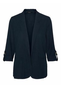 Laivastonsininen bleiseri, jossa on kolme neljäsosaa hihasta, kevyt kangas, avoin edusta, kaksi etutaskua ja käärittävät hihat napillisin yksityiskohdin.