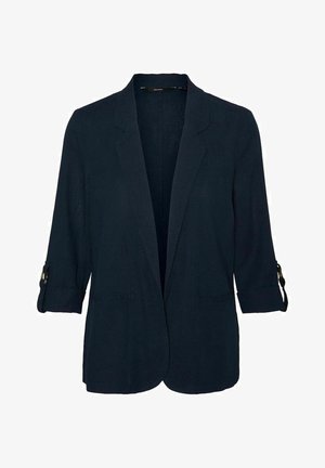 Navy blue blazer with three-quarter sleeves, lightweight fabric, open front, two front pockets, and roll-up sleeves with button details.