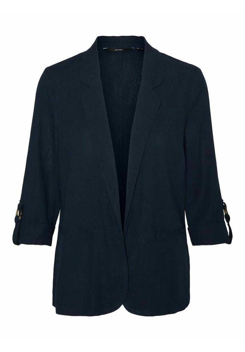 Laivastonsininen bleiseri, jossa on kolme neljäsosaa hihasta, kevyt kangas, avoin edusta, kaksi etutaskua ja käärittävät hihat napillisin yksityiskohdin.