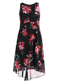 Musta kukkamekko, jossa on hihaton muotoilu, kirkkaan vaaleanpunaisia ja punaisia kukkia sekä pilkullinen helma, jossa on epäsymmetrinen leikkaus.