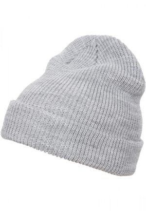 Gray knitted beanie with a textured pattern, featuring a folded cuff. Made from soft material, designed to fit snugly on the head.