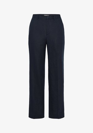 Navy blue trousers made of fabric with a subtle texture. Features a straight leg design and a classic waistband. No visible pockets or accents.