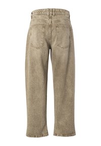 Jean en denim beige délavé, taille haute, jambes larges, avec deux poches arrière et une ceinture à passants, vu de dos.
