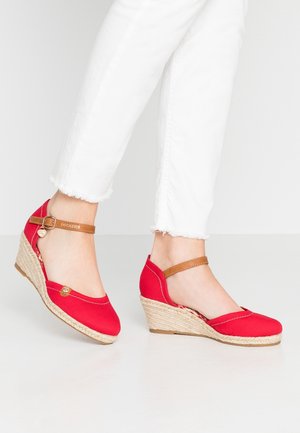 Pieds portant des espadrilles compensées rouges avec des brides à la cheville et un pantalon blanc à ourlet effiloché, sur un fond clair uni.