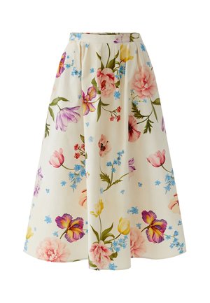 Cremiger Midirock mit Plisseefalten, verziert mit großen bunten Blumenmustern in Pink, Lila, Gelb und Blau mit grünen Blättern.