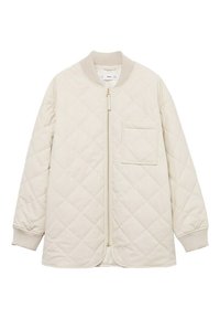 Veste matelassée beige avec fermeture éclair à l'avant, col et poignets côtelés, et une seule poche carrée sur la poitrine gauche.