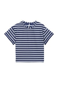 Camiseta a rayas con rayas horizontales en navy y azul claro, con cuello redondo, mangas cortas y un acabado de tela suave y texturizada.