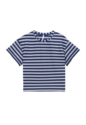 T-shirt rayé avec des bandes horizontales bleu marine et bleu clair, col rond, manches courtes et finition en tissu doux et texturé.