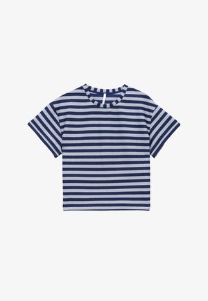 Gestreepte t-shirt met marineblauwe en lichtblauwe horizontale strepen, ronde halslijn, korte mouwen en een zachte, gestructureerde stofafwerking.