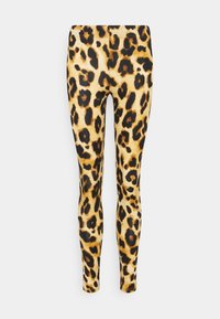 Leopardprint leggings i et strækbart stof, med en gylden baggrund og sorte pletter. Tætsiddende design med høj talje.
