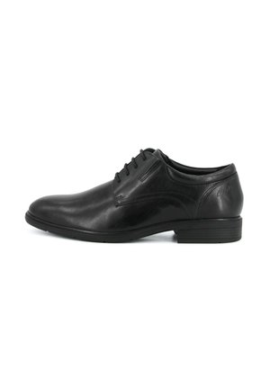 Scarpa formale oxford da uomo in pelle nera con chiusura con lacci e tacco basso impilato, mostrata in profilo laterale su sfondo bianco.