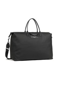 Borsa da viaggio in nylon nero con doppio manico superiore, tracolla staccabile, chiusura a zip e una tasca frontale con logo.