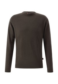 Dunkelolivgrüner Pullover aus weichem Stoff, mit rundem Halsausschnitt, langen Ärmeln und gerippten Bündchen und Saum. Keine sichtbaren Muster oder Akzente.