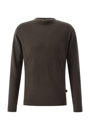 Dunkelolivgrüner Pullover aus weichem Stoff, mit rundem Halsausschnitt, langen Ärmeln und gerippten Bündchen und Saum. Keine sichtbaren Muster oder Akzente.