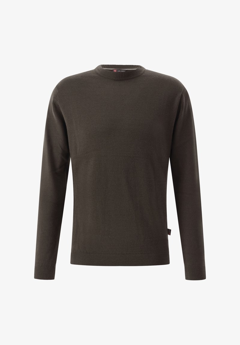 Dunkelolivgrüner Pullover aus weichem Stoff, mit rundem Halsausschnitt, langen Ärmeln und gerippten Bündchen und Saum. Keine sichtbaren Muster oder Akzente.