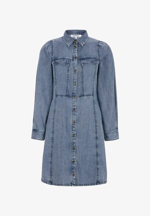 Denim skjortekjole med krave, lange ærmer, knaplukning foran, to brystlommer og en figursyet talje for et struktureret look.