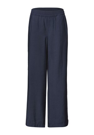 Navyblaue Hosen mit weitem Bein, elastischem Bund, geradem Schnitt von der Taille bis zum Saum, ohne sichtbare Taschen oder Muster.