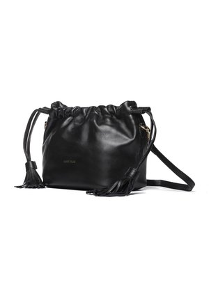 Borsa a mano in pelle nera con coulisse, nappine sulle cinghie, ferrature dorate e logo "MARC ELLIS" impresso sul davanti.
