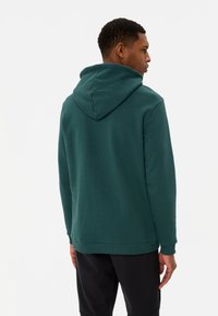 Grüner Baumwollhoodie mit lässiger Passform, Kordelzugkapuze und gerippten Bündchen. Sanfte Textur, minimalistisches Design und keine sichtbaren Logos oder Muster.