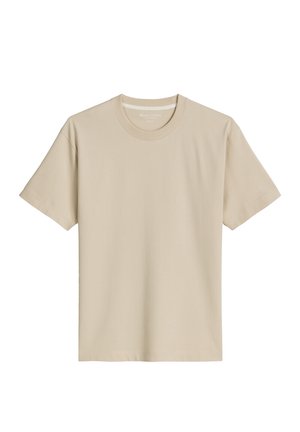 Beige katoenen T-shirt met korte mouwen en ronde hals, plat uitgestald tegen een witte achtergrond.