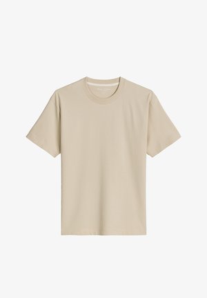 Beige katoenen T-shirt met korte mouwen en ronde hals, plat uitgestald tegen een witte achtergrond.
