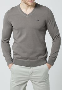 Grauer, langärmeliges V-Ausschnittpullover mit ribbeltem Saum und Bündchen, mit kleinem Logo auf der Brust. Glattes, leichtes Strickmaterial.