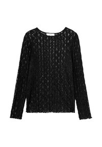 Haut à manches longues en dentelle noire avec un motif texturé, col rond et coupe décontractée. Le tissu est léger et semi-transparent.