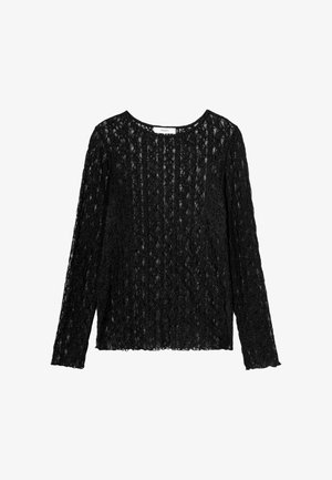 Haut à manches longues en dentelle noire avec un motif texturé, col rond et coupe décontractée. Le tissu est léger et semi-transparent.