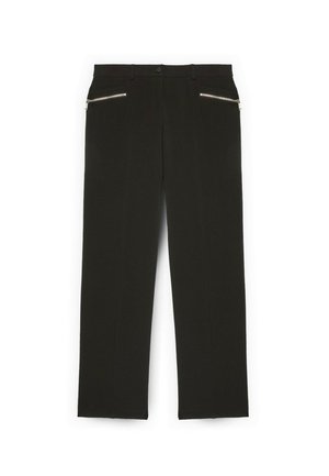 Schwarze Hose mit geradem Schnitt, ausgestattet mit zwei vorderen Reißverschlusstaschen und Gesäßtaschen, aus glattem Stoff mit sauberem Finish.