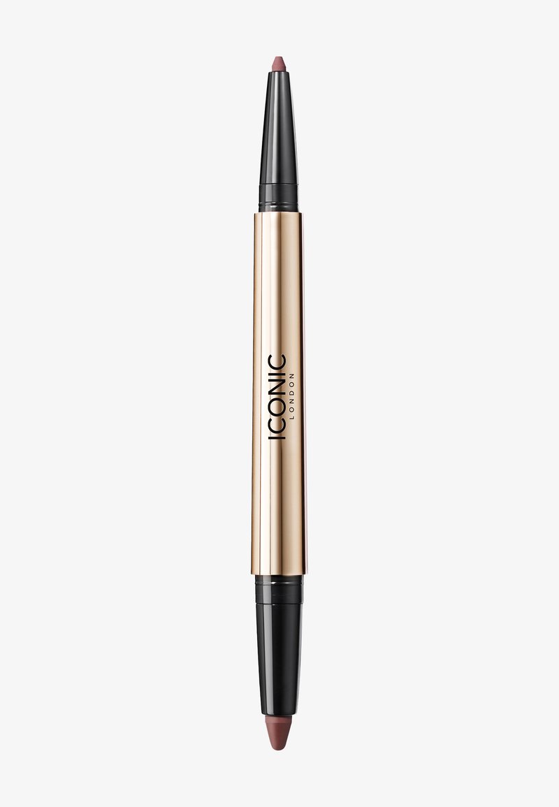 Dubbelzijdige lipcrayon met een slank, gouden lichaam. Het ene uiteinde heeft een donkerroze punt, het andere een diepe rozenkleur. Zwarte accenten benadrukken het ontwerp.