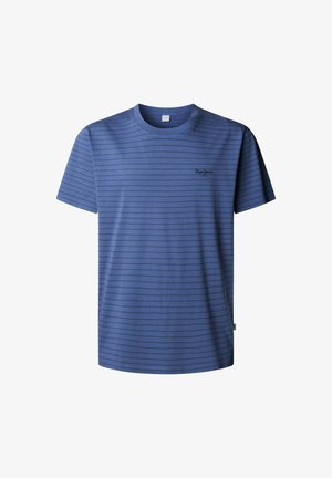 Niebieska koszulka w paski wykonana z miękkiej tkaniny, z okrągłym dekoltem, krótkimi rękawami i małym logo na lewej stronie klatki piersiowej.