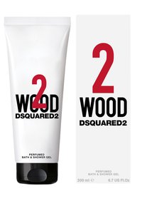 White plastic tube with a black flip top, labeled "2 WOOD DSQUARED2" in bold red and black text, 200 ml of perfumed bath and shower gel.