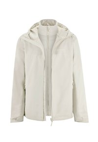 Vaaleanbeige vedenpitävä takki, jossa on huppu, täyspitkä vetoketju ja kaksi sivutaskua. Tasainen pinta ja minimalistiinen muotoilu.