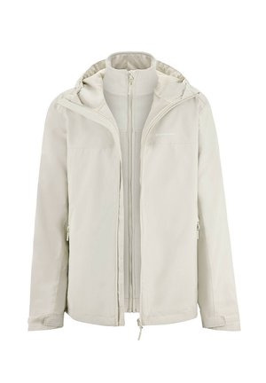 Light beige waterproof jacket with a hood, full front zipper, and two side pockets. Smooth texture and minimalistic design.