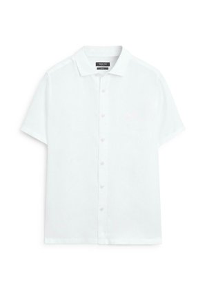 Camicia bianca a maniche corte con bottoni, collo, tessuto liscio e etichetta del marchio visibile all'interno del collo.