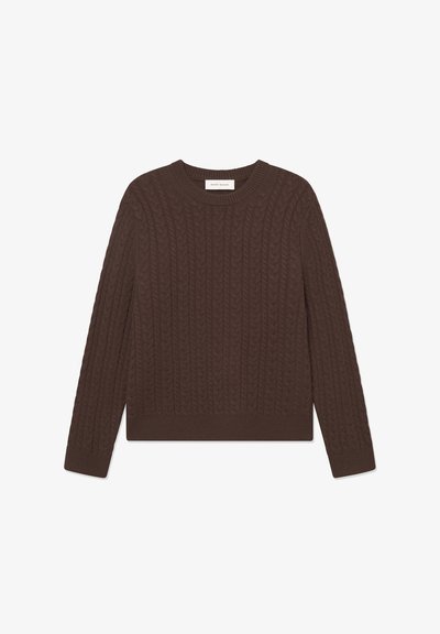 Brūns adīts džemperis ar kabeli rakstu, apaļo kakla izgriezumu un garām piedurknēm. Ribotās piedurknes un apakša nodrošina pieguļošu izskatu. Gluda tekstūra.