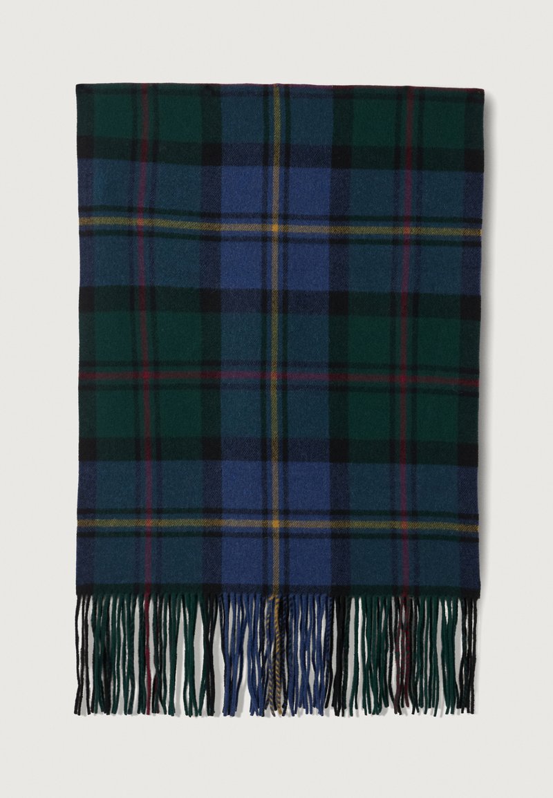 Sciarpa di lana a quadri con colori verde scuro, blu e nero, accentuata da dettagli gialli e rossi. Rifinita con frange sui bordi.
