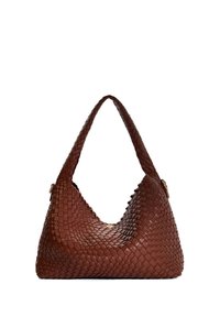Brown woven leather handbag with a hobo design, featuring a thick strap and a smooth texture, highlighted by subtle gold hardware accents.